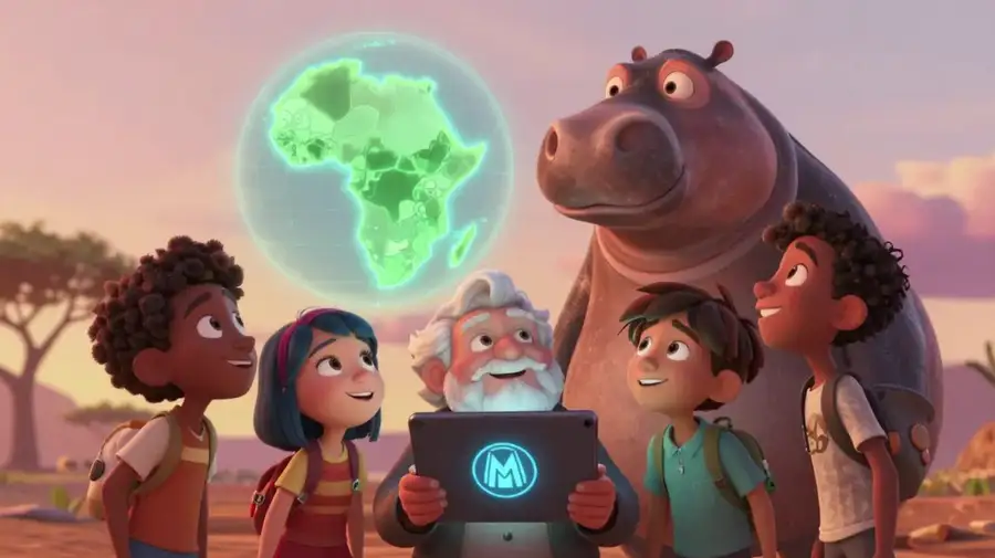 Animated characters gathered around a tablet