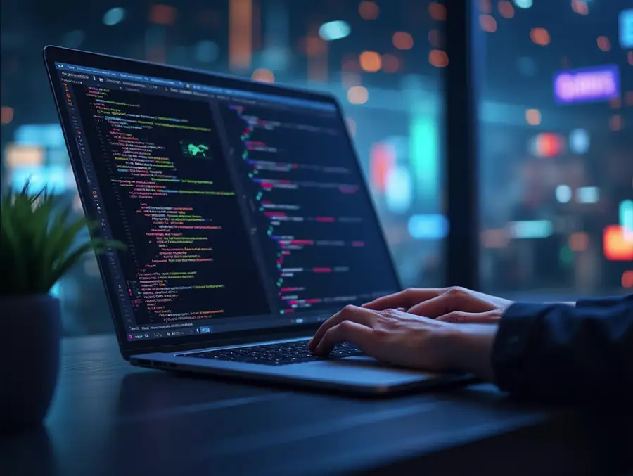 Hands typing code on a laptop